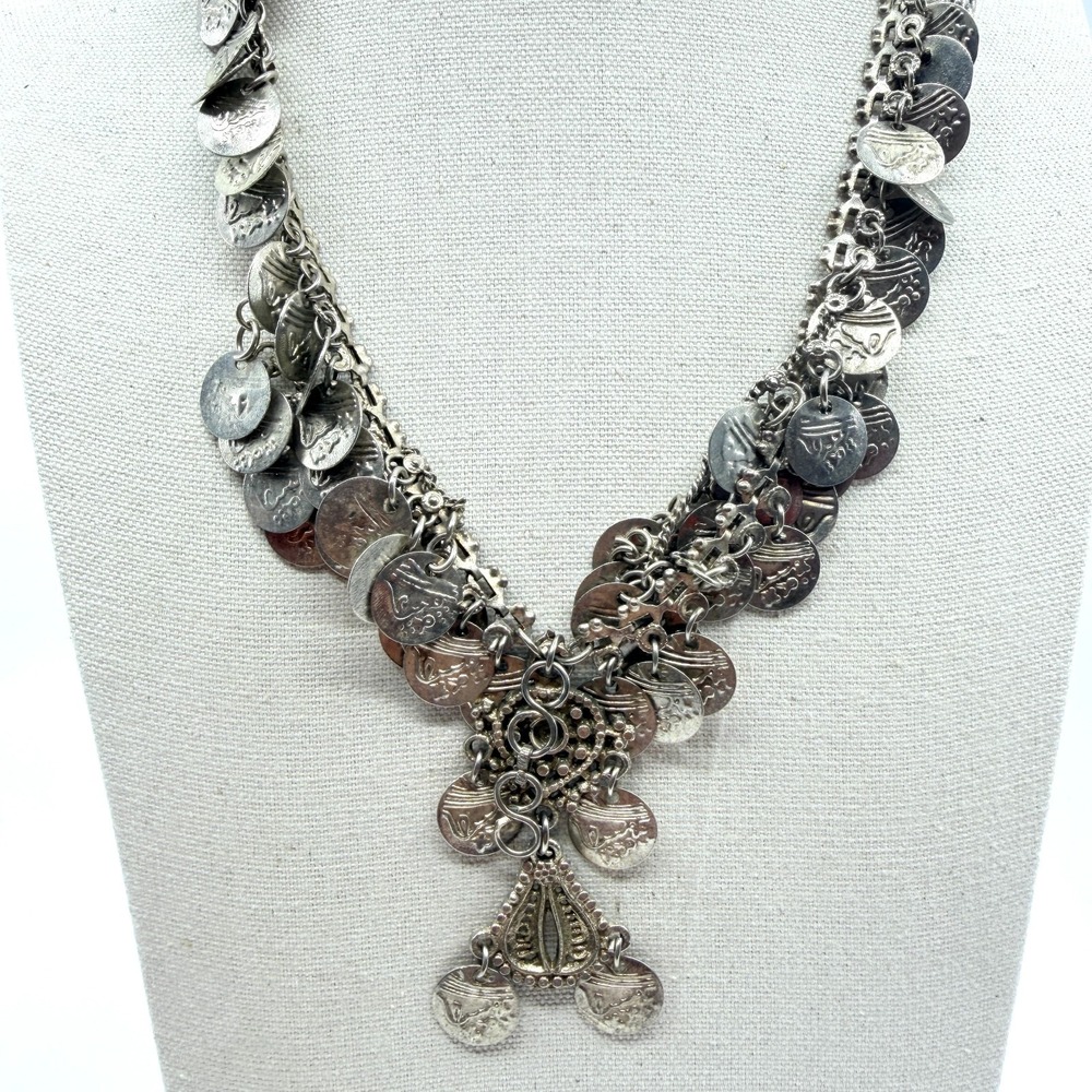 VTG Tribal Silver Tone Faux Coin Dangle Fringe Choker Necklace